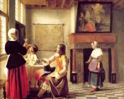 皮特尔 德 胡格 : A Woman Drinking with Two Men and a Serving Woman